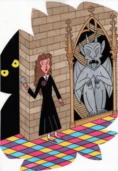 a woman standing in front of a window next to a black cat and a demon