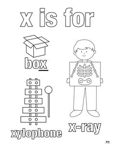 the letter x is for box coloring page with an image of a boy holding a skeleton