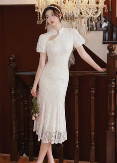 __switch:Flared White lace Cheongsam dress Wedding Qipao, Long Veil, Elegant Heels, Qipao Dress, Romantic Design, Cheongsam Dress, Chinese Dress, Lace White Dress, Modern Bride