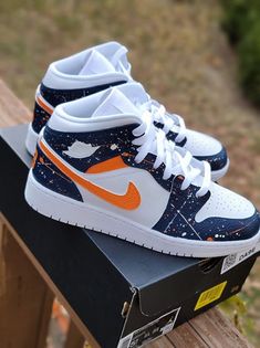 Navy Blue and orange Jordan 1. Chicago bears, Denver Broncos colors. Sizes are Mens/Big kids Jordans Shoes For Men, Jordan 1 Custom Ideas, Jordans For Boys, Sneaker Head Men, Custom Jordan 1, Custom Jordan Shoes, Orange Nike Shoes, Orange Jordan, Broncos Colors