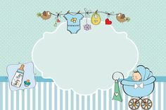 a baby announcement card with a baby in a stroller and clothes hanging from a line