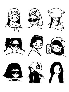 black and white drawings of people with different hair styles