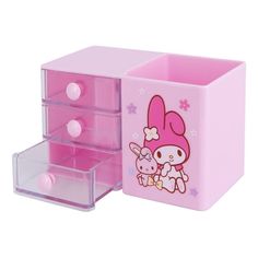 a pink plastic drawer with two drawers and one drawer has an image of a bunny on it