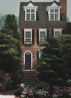 a painting of a brick house with white windows