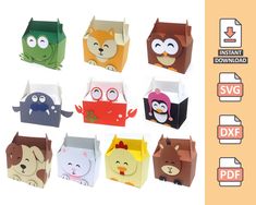 an assortment of different colored paper boxes with faces on each side and eyes on the top