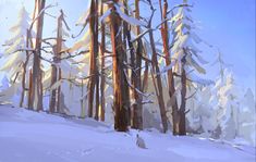 a painting of snow covered trees in the woods