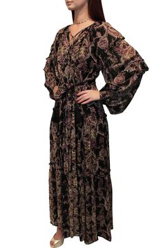 Black paisley maxi dress side view Bohemian Tie Waist Dress For Fall, Bohemian Fall Dress With Tie Waist, Fall Bohemian Dress With Tie Waist, Chic Floral Print Tie Neck Dress, Silk Long Sleeve Midi Dress With Tie Waist, Dressy Belted Dress For Fall, Dressy Belted Fall Dress, Chic Tie Neck Dress For Fall, Silk Long Sleeve Dress With Tie Waist