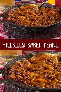 two pictures of baked beans in a skillet with the words, hillbilly baked beans