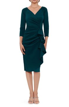 Long Sleeve Velvet Gown, Cap Sleeve Gown, Green Dress Casual, Draped Midi Dresses, Column Gown, Ruffle Long Sleeve, Gowns With Sleeves, Review Dresses, Green Midi Dress