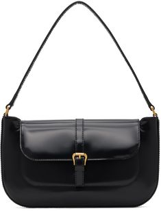 Patent leather shoulder bag in black. · Carry handle · Pin-buckle detailing at face · Foldover flap with magnetic press-stud fastening · Patch pocket at interior · Cotton twill lining · Gold-tone hardware · H6 x W10.8 x D1 in Supplier color: Black Classic Leather Baguette Bag With Hasp Closure, Evening Leather Shoulder Bag With Buckle Closure, Classic Flap Bag With Buckle Closure, Classic Bags With Buckle Closure For Daily Use, Black Leather Baguette Bag With Hasp Closure, Classic Bags For Daily Use With Buckle Closure, Black Shoulder Bag With Buckle Closure For Evening, Black Shoulder Bag With Buckle For Evening, Classic Formal Shoulder Bag With Buckle Closure