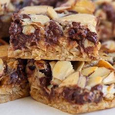 chocolate and almond bars stacked on top of each other