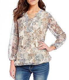 Reba Lace-Up Animal Print Top Spring Peasant Top With 3/4 Sleeves, Peasant Style 3/4 Sleeve Tops For Spring, Peasant Style 3/4 Sleeve Spring Tops, Clothing Apparel, Dillard's, Print Top, Animal Print, Tunic Tops, Women's Clothing