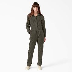 Women's Long Sleeve Coveralls - Dickies US Utility Jumpsuits And Rompers For Workwear, Utility Solid Overalls With Pockets, Utility Overalls With Pockets, Relaxed Fit Solid Overalls With Side Pockets, Utility Relaxed Fit Overalls For Workwear, Fitted Utility Overalls For Workwear, Fitted Solid Overalls With Pockets, Solid Workwear Overalls With Side Pockets, Solid Cotton Overalls With Bib Front