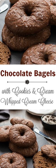 chocolate bagels with cookies and cream whipped cream are stacked on top of each other