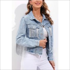 Experience the ultimate in fashion and style with our My Style Tassel Fringe Denim Jacket! This trendy jacket features dazzling rhinestones and a chic fringe design, making it a must-have for any fashionista. Elevate your look and turn heads with this statement piece. Decoration Tassel , Button , Pockets Style Casual Fabric Type Denim Material Cotton , Lanon , Polyester Neckline Turn-down Collar Sleeve Length Full Season Spring / Autumn Fabric Non-Stretch Trendy Fringe Denim Jacket For Spring, Trendy Fringed Denim Jacket For Spring, Spring Denim Jacket With Beaded Fringe And Long Sleeves, Trendy Denim Jacket With Fringe, Spring Denim Jacket With Fringe, Spring Blue Denim Jacket With Fringe, Trendy Long Sleeve Denim Jacket With Fringe, Trendy Beaded Fringe Fall Outerwear, Trendy Fringe Denim Jacket