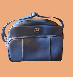 Vintage American Tourister Blue Leather Luggage - Carry On Bag - Adjustable Strap - Like New Vintage Blue Large Capacity Shoulder Bag, Blue Satchel For Travel, Blue Travel Satchel, Blue Casual Satchel Travel Bag, Casual Blue Satchel Travel Bag, Vintage Blue Bag With Large Capacity, Vintage Blue Bags With Large Capacity, Blue Satchel Travel Bag, Blue Rectangular Travel Accessories With Zipper