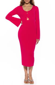 A split neck that ties and long sleeves elegantly frame this figure-fitting knit midi dress. 47" length (size X-Small) Split neck with ties Long sleeves 60% viscose, 30% polyamide, 10% elastane Hand wash, dry flat Imported Bodycon Long Sleeve Sweater Dress For Evening, Evening Bodycon Sweater Dress With Long Sleeves, Chic Long Sweater Dress For Party, Elegant Long Bodycon Midi Dress, Long Fall Party Midi Dress, Elegant Spring Sweater Dress For Party, Elegant Spring Party Sweater Dress, Stretch Midi Length Sweater Dress For Evening, Stretch Midi Sweater Dress For Evening