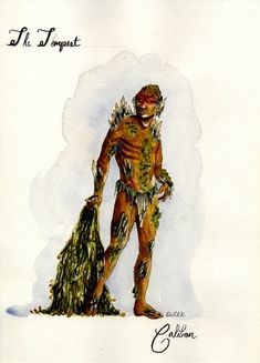 a drawing of a man in costume standing next to a pile of leaves and grass