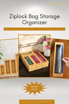 an advertisement for the ziplock bag storage organizer, with images of different items in it