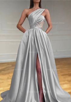 A Line One Shoulder Sleeveless Sweep Train Satin Prom Dresses For Black girls With Split Pleated Mermaid Sequin Dress, Silver Prom Dress, Sparkle Prom Dress, Prom Dress With Train, One Shoulder Prom Dress, Detachable Skirt, Modest Prom, Valentines Day Dresses, Party Kleidung