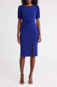 Go from desk to dinner in a soft stretch-crepe sheath dress framed by gathered puff sleeves and a twisted waist for contemporary appeal. 42 1/2" length Exposed back-zip closure Jewel neck Short sleeves Partially lined 66% polyester, 30% recycled polyester, 4% elastane Dry clean Imported Classic Slippers, Daytime Dresses, Stretch Crepe, Sweaters And Leggings, Jewel Neck, Jeans Dress, Puff Sleeves, Sheath Dress