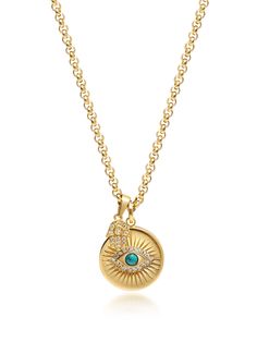 Necklace in Stainless Steel with Gold Finish Clear CZ Diamonds Product Code: MNEC_154 Designer's NotesA necklace full of protecting properties, this stunning piece features an evil eye and hamsa hand layered. The evil eye is believed to ward off any evil energies while the hamsa hand offers protection for its wearer. Please note that all our pieces are crafted by hand and one-of-a-kind, and may therefore vary slightly in size, shape, and color. Healing Powers Bali Turquoise Bali Turquoise combin Hamsa Hand Necklace, Jewelry Evil Eye, Color Healing, Eye Pendant Necklace, Hand Necklace, Protection Amulet, Eye Pendant, Evil Eye Pendant, Hamsa Hand