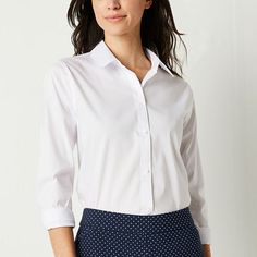 Made from a soft stretch-cotton poplin with Liz Claiborne's Everair technology to keep you cool and dry, this women's button-down shirt is a comfortable style choice for work or a day out with friends. This long-sleeve shirt is cut for a regular-fit, with wrinkle-free properties, and has a classic point collar, button cuffs, and a curved hem for easy layering.Features: Wrinkle Resistant, Stretch FabricClosure Type: ButtonFit: Loose FitNeckline: Collar NeckSleeve Length: Long SleeveSleeve Style: Cuffed SleeveApparel Length: 23.5 InchesFiber Content: 60% Cotton, 40% ElastaneFabric Description: PoplinCollar: Button Down CollarCare: Machine WashCountry of Origin: Imported Classic Wrinkle-resistant Tops For Business Casual, Classic Wrinkle-resistant Business Casual Tops, Classic Slim Fit Wrinkle-resistant Tops, Fitted Wrinkle-resistant Tops For Office, Elegant Wrinkle-resistant Tops For Work, Elegant Wrinkle-resistant Work Tops, Wrinkle-resistant Long Sleeve Business Casual Tops, Long Sleeve Wrinkle-resistant Tops For Business Casual, Wrinkle-resistant Long Sleeve Tops For Business Casual