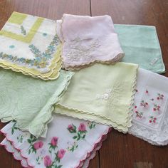 "The 8 vintage ladies handkerchief with scalloped edges from which to choose one.   Estate sale hankies have not been laundered after found.  No holes or spots noticed. Choose one from drop down menu. 1.  cotton pink flowers scalloped edge --11\" 2. mint green open cutwork border  all cotton--11\" 3. yellow border 2 stickers Dacron and cotton--14\" 4. green flowers scallop border 14\" dis colored in places.--14\" JC Penney price sticker 5.  Pastel Yellow / white flower in corner  12\" 6. Lace tr Vintage Cotton Handkerchiefs For Spring, Vintage Handkerchiefs For Spring Gift, Vintage Summer Handkerchiefs As Gift, Vintage Summer Handkerchiefs For Gift, Vintage White Handkerchiefs For Spring, White Vintage Handkerchiefs For Summer, Pink Cotton Handkerchief For Spring, Metal Plant Hangers, Crochet Rag Rug