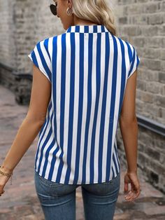 Blue and White Casual Collar Cap Sleeve Woven Fabric Striped Top Embellished Non-Stretch  Women Clothing Blue Collared Blouse For Vacation, Blue Collared Tops For Summer, Blue Summer Tops With Collar, Striped Collared Blouse For Beach, Striped Collared Blouse For The Beach, Blue Collared Blouse For The Beach, Fitted Striped Blouse For Beach, Fitted Striped Blouse For Vacation, Fitted Striped Blouse For The Beach