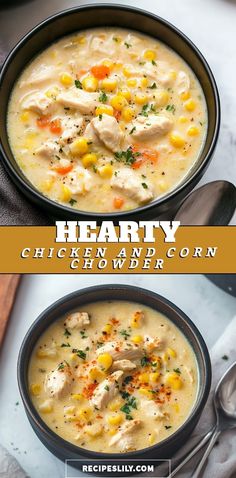 two bowls of hearty chicken and corn chowder