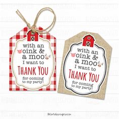 two tags that say i want to thank you for coming to my party with an owl and a moo