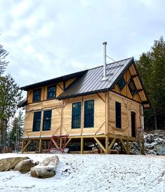 a small wooden house sitting on top of a snow covered hill next to trees and rocks