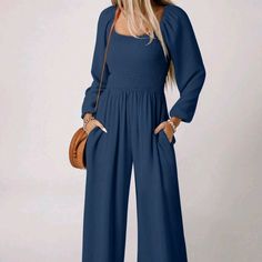 Navy Blue Wide Leg Women's Jumpsuit Bishop Sleeve Square Neck 100% Polyester Chic Blue Jumpsuits And Rompers With Pockets, Blue Jumpsuits And Rompers With Pockets For Vacation, Casual Blue Jumpsuits And Rompers For Day Out, Blue Casual One-piece Jumpsuits And Rompers, Blue Long Sleeve Jumpsuits And Rompers For Beach, Blue Long Sleeve Jumpsuits And Rompers For Vacation, Blue Long Sleeve Jumpsuit For Vacation, Blue Beach Overalls Jumpsuit, Blue Beach Overall Jumpsuits And Rompers