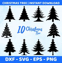 christmas tree silhouettes with the text 10 christmas trees free svt eps png