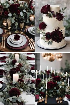 a collage of photos showing different types of wedding cake with flowers and greenery