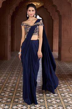 Navy blue pre-draped saree. Comes with floral and geometric embroidered off-shoulder blouse. - Aza Fashions Off Shoulder Blouse For Saree, Off Shoulder Saree Jacket, Off Shoulder Blouse Saree, Off Shoulder Saree Blouse, Navy Saree, Long Sleeve Saree Blouse, Fashion Course, Saree Jacket, Saree Jacket Designs