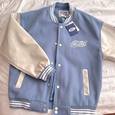 Brand New, Never Worn Cute Vintage Jackets, School Varsity Jacket Design, Blue Jacket Aesthetic, Blue Letterman Jacket, Varsity Jacket Aesthetic, Friend Nails, Blue Varsity Jacket, Statement Jackets, Senior Jackets