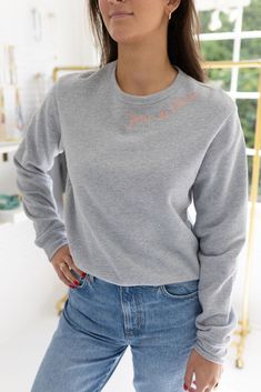 Embroidered Joie de Vivre Sweatshirt Chic Sweatshirt, Chain Stitch Embroidery, French Phrases, Heart Charm Necklace, Embroidery Hand, Hand Writing, Find Joy, Embroidered Sweatshirts, Chain Stitch