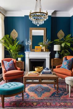 a living room filled with furniture and a chandelier hanging from the ceiling over a fire place