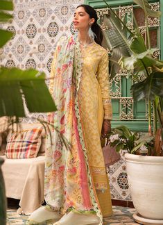 Farah Talib Aziz Bahia Sun Summer Lawn Original brand suit fabric and photography lite diffrance in actual print. Elegant Yellow Sets With Printed Motifs, Multicolor Lawn Suit With Dupatta For Spring, Multicolor Spring Lawn Suit With Dupatta, Spring Multicolor Lawn Suit With Dupatta, Festive Yellow Lawn Suit With Floral Print, Unstitched Patterned Lawn Suit, Eid Printed Cambric Lawn Suit, Summer Cambric Dupatta With Naqshi Detailing, Eid Cambric Printed Lawn Suit