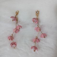 Pink Flower Clip On Earrings No Piercing Needed Pink Floral Earrings, Spring Feminine 3d Flowers Jewelry, Spring Flower Earrings For Pierced Ears, Spring 3d Flowers Dangle Earrings, Pink Gold Flower-shaped Earrings, Feminine Spring Flower Dangle Earrings, Blossom Color Earrings With Flower Charm For Spring, Feminine Earrings With Flower Decoration, Delicate Flower Shaped Earrings For Spring