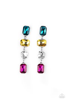 A strand of oversized round, teardrop, and emerald cut blue, yellow, white, and pink rhinestones trickles from the ear, creating a jaw-dropping chandelier. Earring attaches to a standard post earring. Sparkly Fashion, Emerald Style, Multicolor Earrings, Ball Necklace, The Ear, Paparazzi Accessories, Blue Gems, White Rhinestone, Paparazzi Jewelry