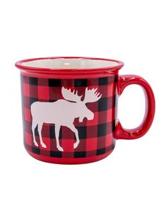 a red and black plaid mug with a moose on it