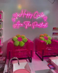 Happy Birthday Neon Sign Boutique Store Decor Ideas, Retro Nail Room, Groovy Salon Decor, Maximalist Hair Salon Decor, Salon Vibes Aesthetic, Quirky Salon Ideas, Colorful Beauty Salon, Colorful Esthetician Room, Mail Salon Decor