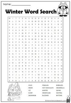 the winter word search is shown in this printable worksheet for children to learn