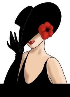 a woman wearing a black hat with a red flower on it's head and her hands in the air