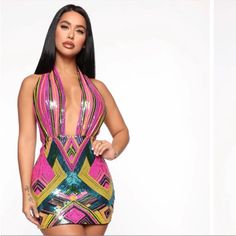 Fashion Nova Halter Multi Color Sequin Dress. Size Large. Colorful V-neck Mini Dress, Yellow Sequin Mini Dress For Party, Colorful Sleeveless Mini Dress For Party, Vibrant Halter Neck Spring Dress, Vibrant Fitted Green Dress, Colorful Summer Party Dresses, Multicolor Mini Bodycon Dress For Party, Multicolor Sleeveless Mini Dress For Party, Pink Sequined Bodycon Dress For Summer