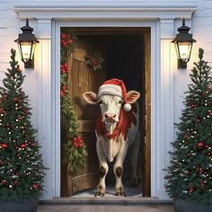 a cow wearing a santa hat standing in front of a door decorated with christmas trees