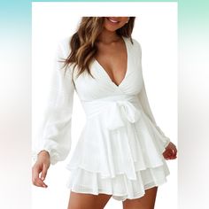 Relipop Women's Romper Solid Print V Neck Baggy Sleeve Waist Tie Layered Ruffle Hem Short Casual Summer Rompers Jumpsuits Brand New - Never Worn Casual Summer Rompers, Floral Print Rompers, Long Romper, Casual Rompers, White Romper, White Jumpsuit, Long Jumpsuits, Floral Jumpsuit, Short Mini Dress