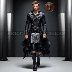 Step into Bold Style with Our Handmade Leather Jacket & Kilt! Unleash your inner warrior with this striking, handcrafted leather outfit. Made from high-quality leather, this set includes a sleek jacket, a statement belt, and matching boots. The detailed metal studs and bold design give it an edgy, gothic vibe, perfect for anyone who wants to stand out. Whether you're going to a festival, a themed event, or just want to add some flair to your wardrobe, this leather set is made to impress. The uni Gothic Warrior, All Black Costumes, Black Costumes, Long Leather Jacket, Statement Belt, Inner Warrior, Black Costume, Bold Style, Edgy Look